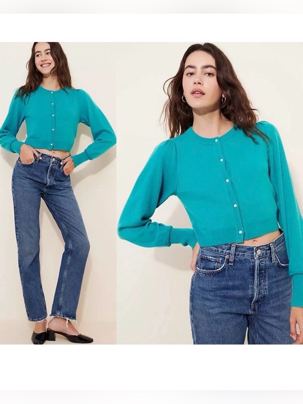 NEW $168 Free People Coquette Pearl Button 100% Cashmere Cardigan Teal Blue Sz M